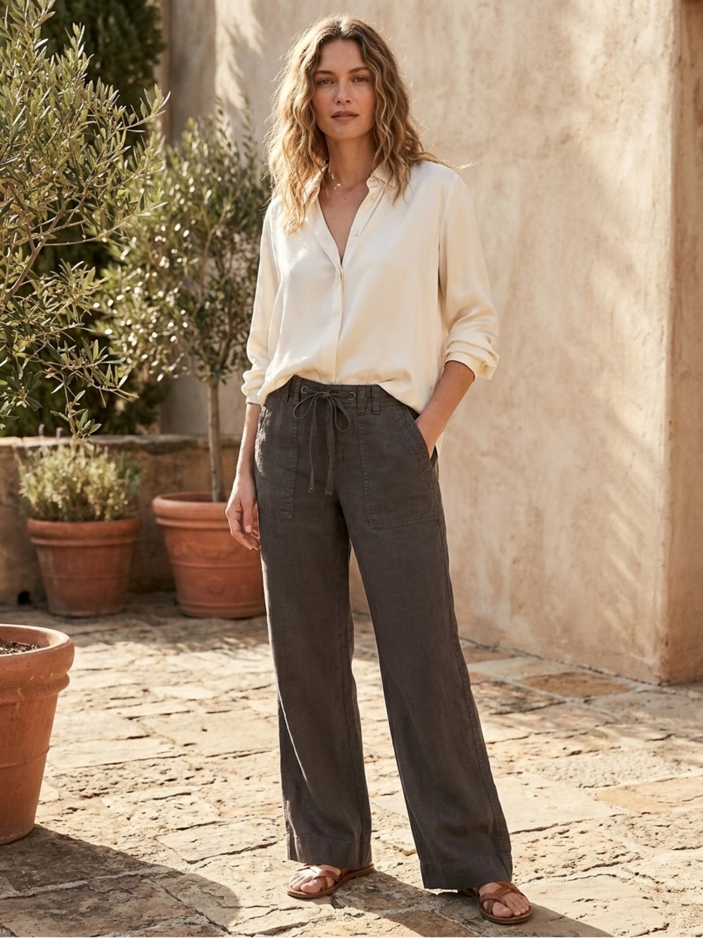 Banana Republic brown Wide-Leg Linen Drawstring Pants